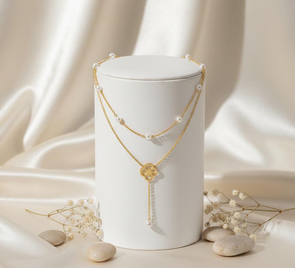 necklace features a two-strand design