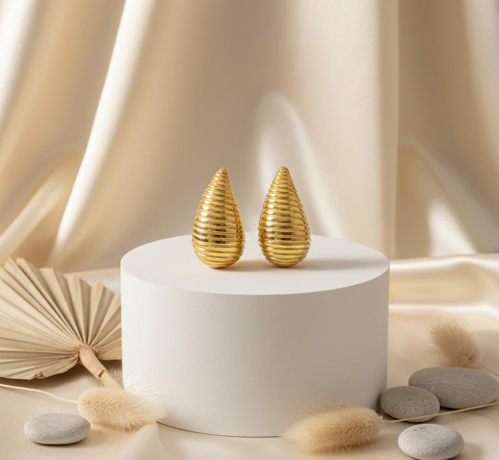 Gold Fluted Teardrop Earrings